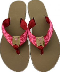 Pink Palm Fronds 1" Ribbon Sandal with red back and Toe and Tan Eliza B with pink palm